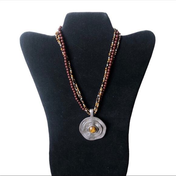 Vintage Premier Designs Eye Tiger Silver Tone Brown Beaded Medallion Necklace - Picture 8 of 10
